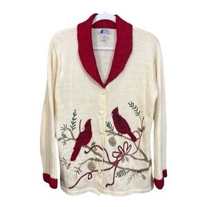 J Two New York Vintage Cardinal Embroidered Holiday Cardigan Size Large V1
